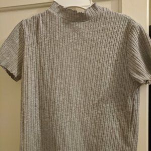 Grey Ribbed Lettuce Hem Knit Sweater Tee